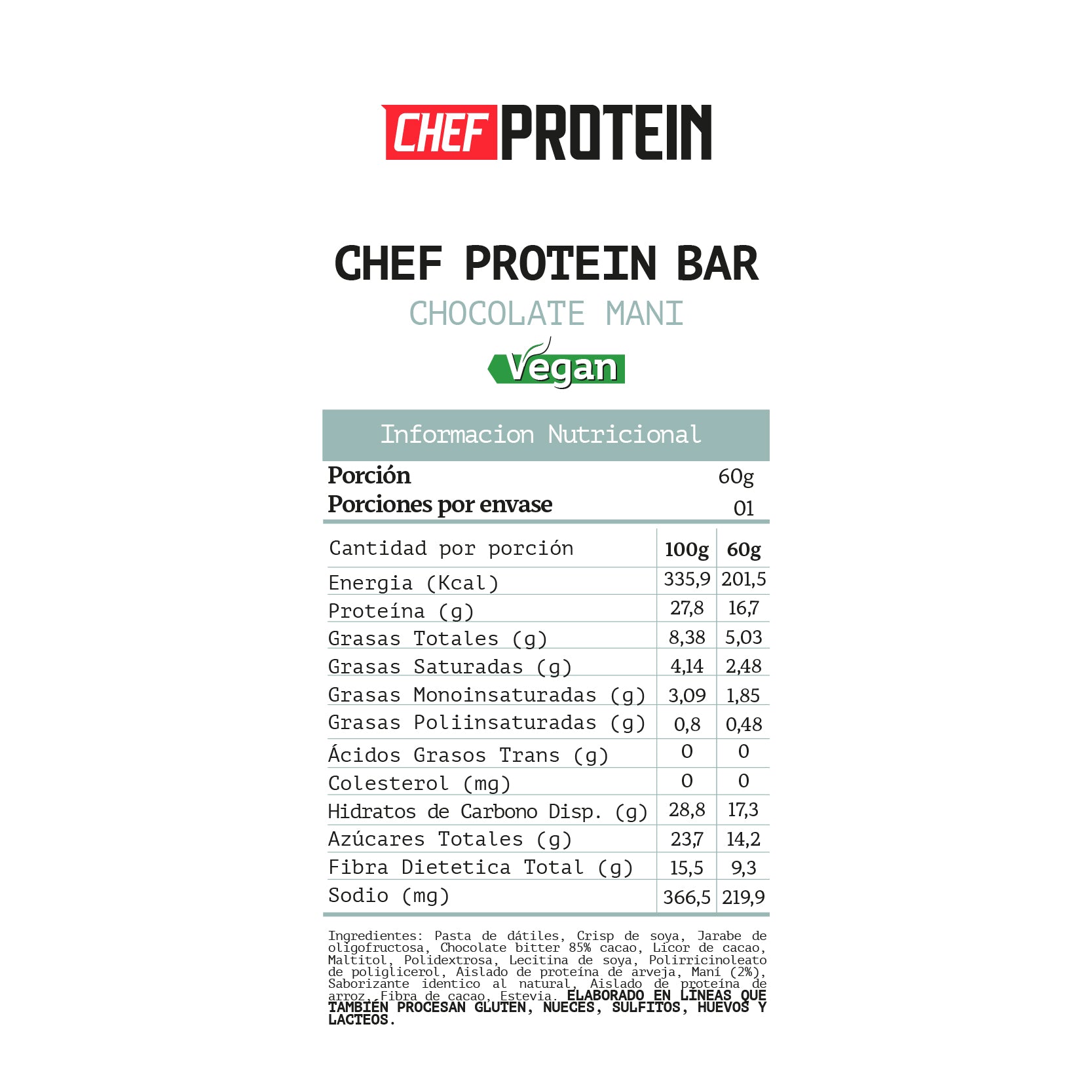 Pack 16 Chef Protein Bar Chocolate Maní Vegan